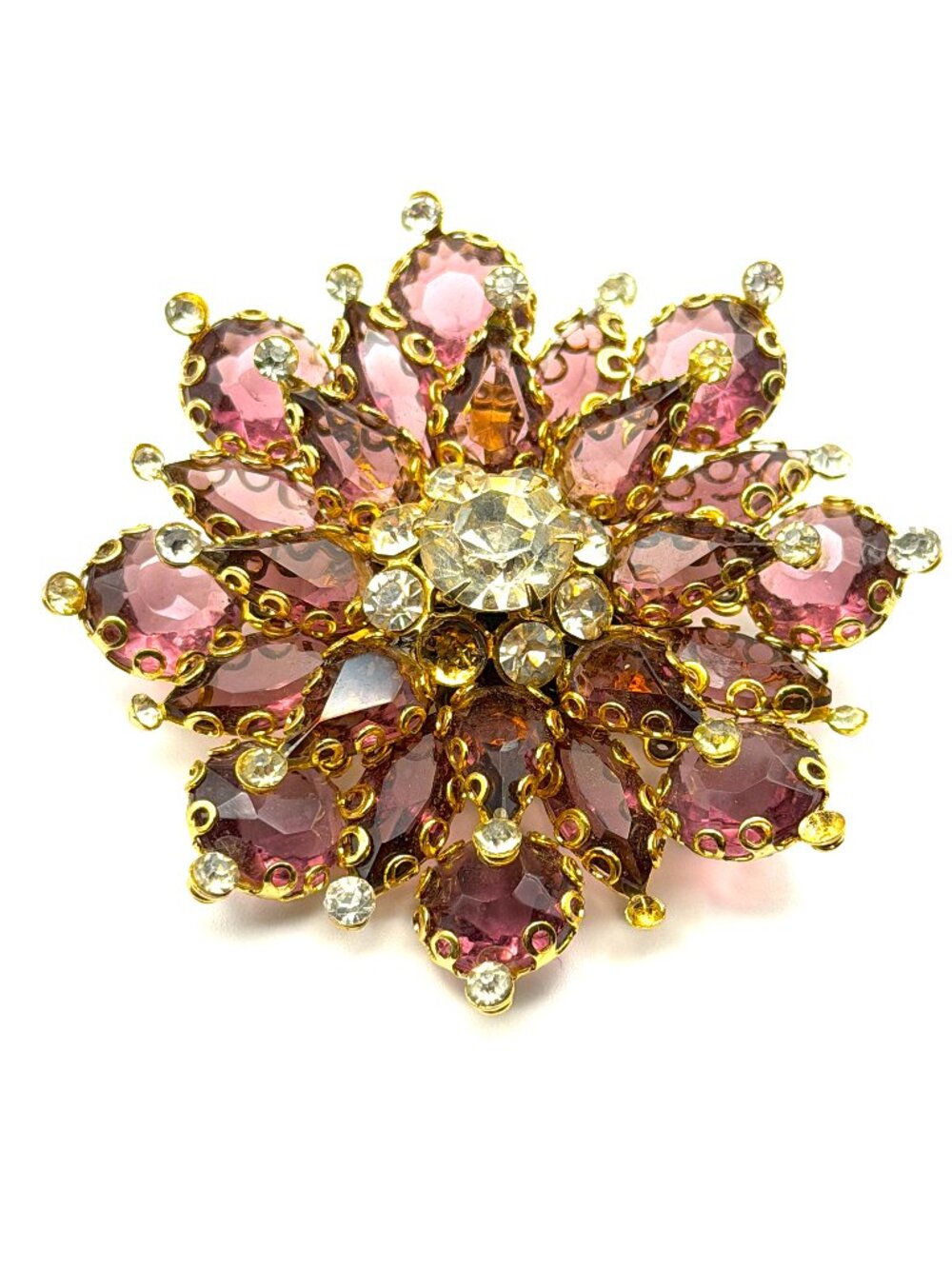 Vintage Juliana Style Purple Rhinestone Floral Brooch Attributed DeLizza Elster